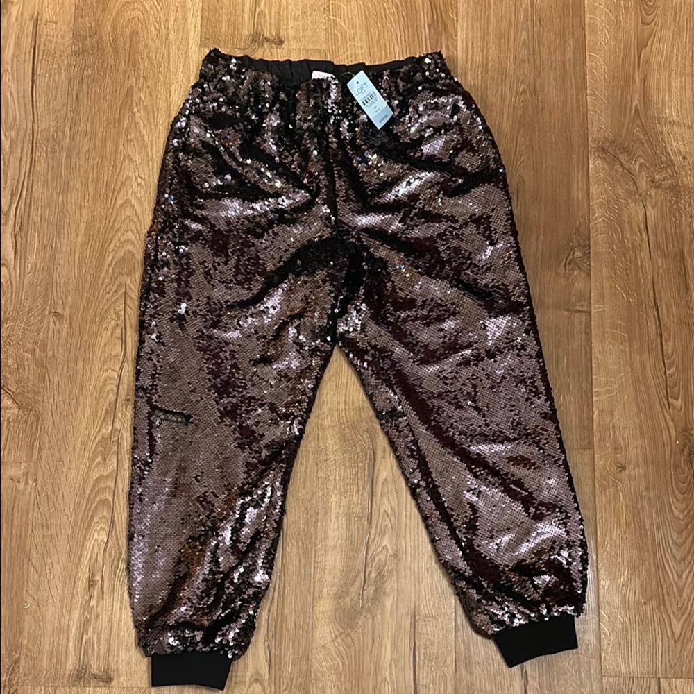 LOFT Black and Brown Sequin Cropped Pants